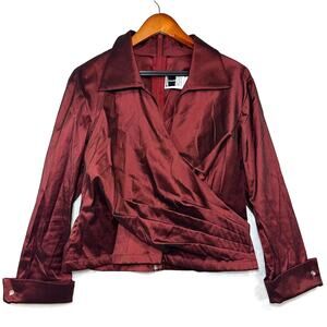 Vintage Tadashi Shoji 16 Red Taffeta 3/4 Sleeve Top Faux Wrap VNeck Elegant Sexy